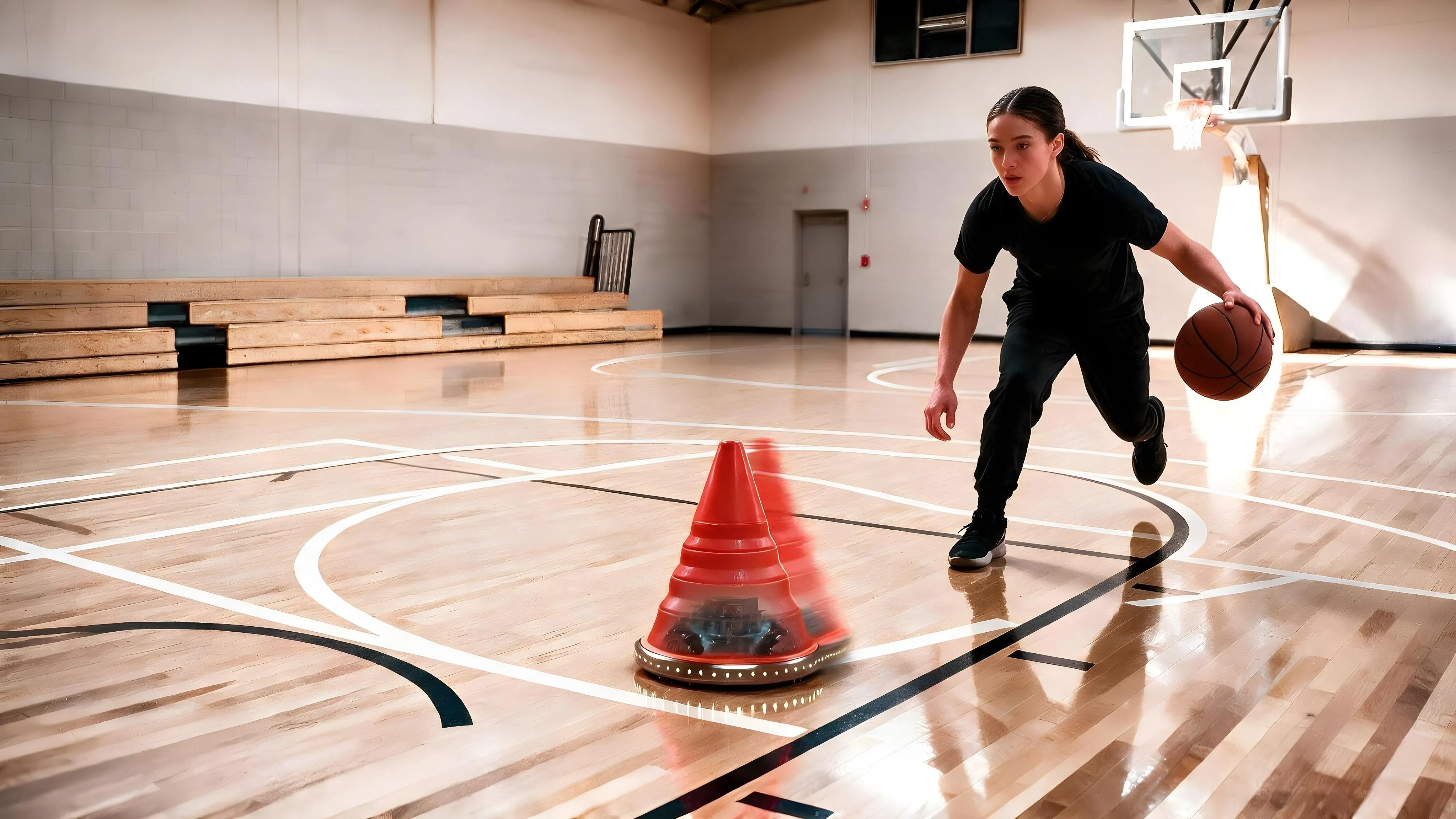 An athlete driving at the REAKTA robot on an empty court