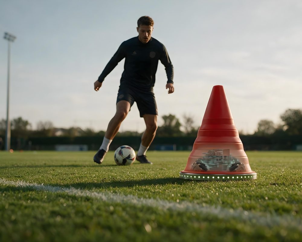 A footballer working the ball around the unit on grass