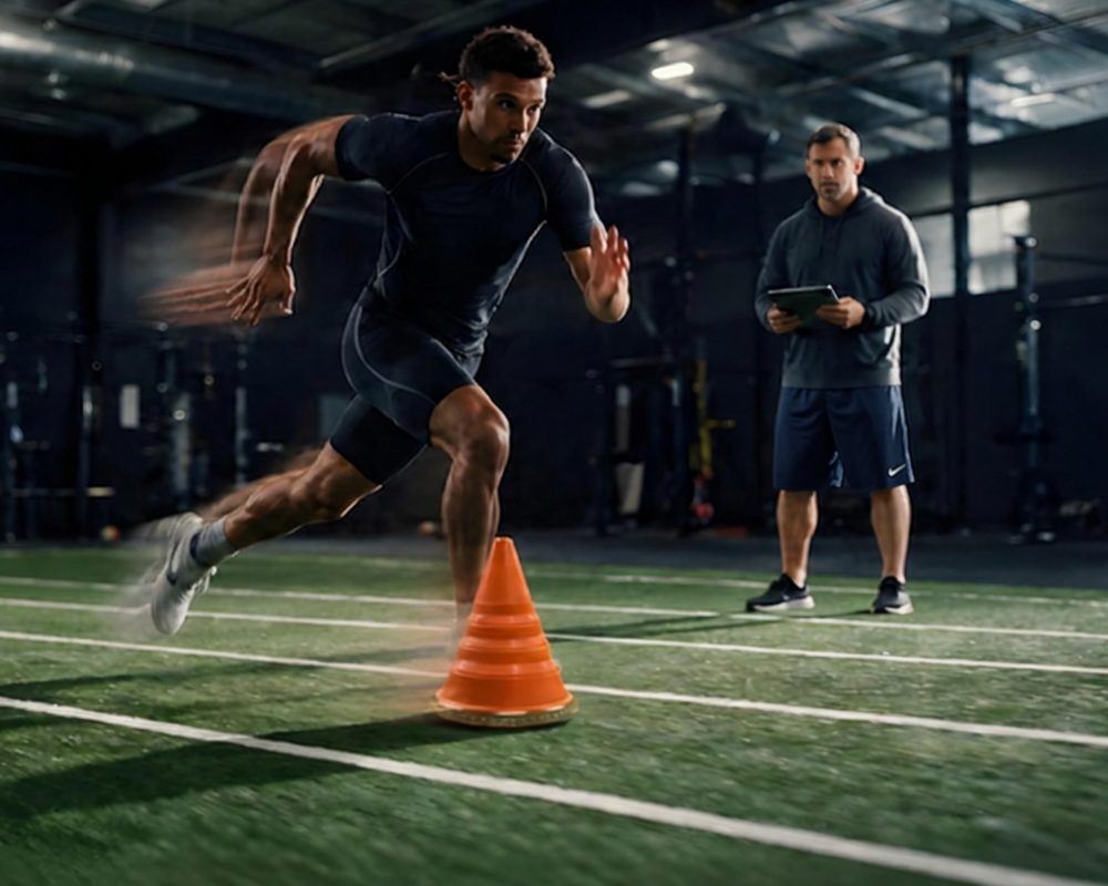 An athlete changing direction around the unit while a coach watches