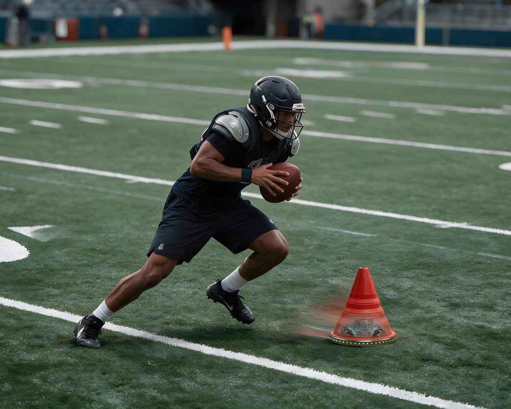 A footballer carrying the ball past the unit on a field